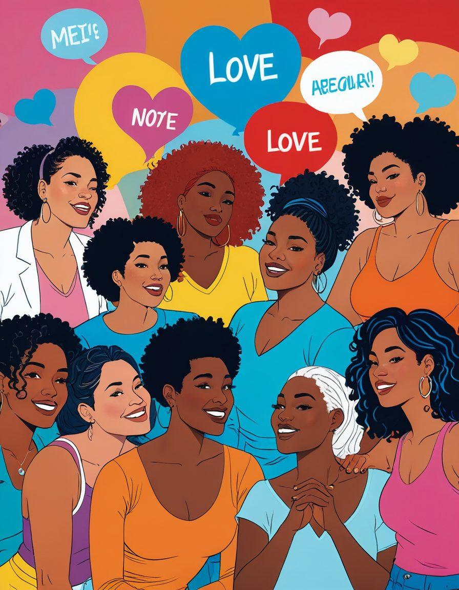 A captivating and colorful scene featuring diverse characters from adult comics, depicted in a playful yet sensual manner. Incorporate various identities, celebrating body positivity and self-acceptance. The background should be a vibrant comic panel style, showcasing comic speech bubbles filled with empowering words. Use bold lines and rich textures to enhance the artistic expression. vibrant colors. comic book style.