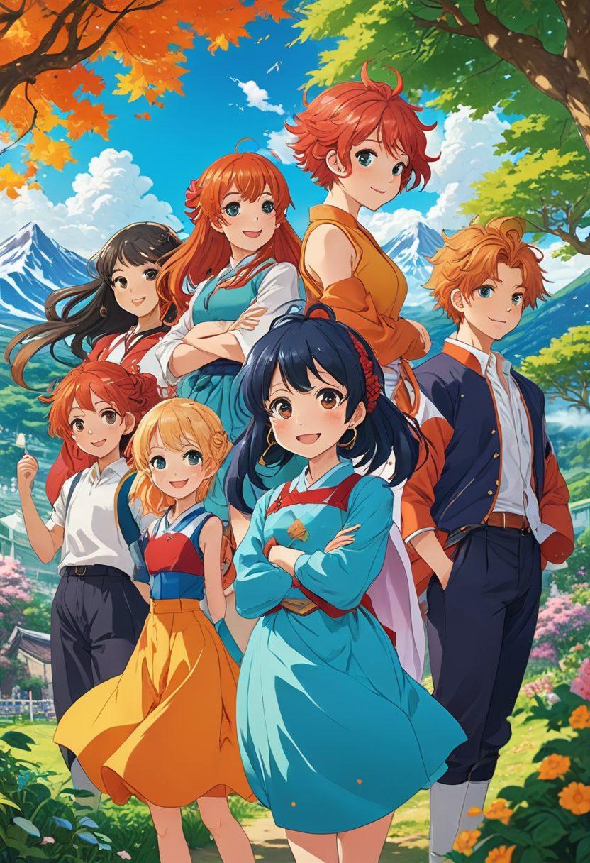 A diverse group of anime characters showcasing various backgrounds, body types, and identities, engaging in a celebratory scene. The setting features an imaginative landscape inspired by anime aesthetics, with colorful and whimsical elements that symbolize inclusivity. Each character is uniquely styled, emphasizing their individuality while connecting through collaboration and joy. Bright, vibrant colors dominate the scene, creating a welcoming and dynamic atmosphere. digital illustration. vibrant colors. anime style.