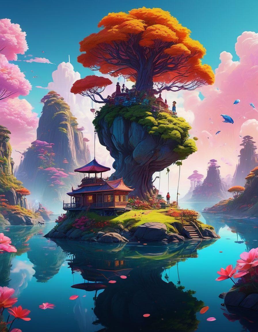 A vibrant and surreal illustration depicting a diverse group of characters with unique neurodiverse features engaged in creating and enjoying colorful adult animation. The background is filled with elements of fantasy and whimsy, representing imagination and acceptance. Highlight inclusivity through various artistic styles, showcasing a blend of traditional and modern techniques in animation. Enrich the scene with playful patterns and dynamic colors. 3D, vibrant colors, cyberpunk elements.